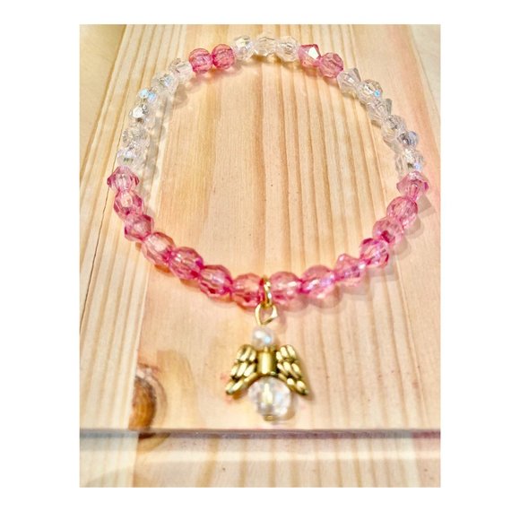 Handmade Pink and Clear Bracelet With Angel Charm - Picture 1 of 2